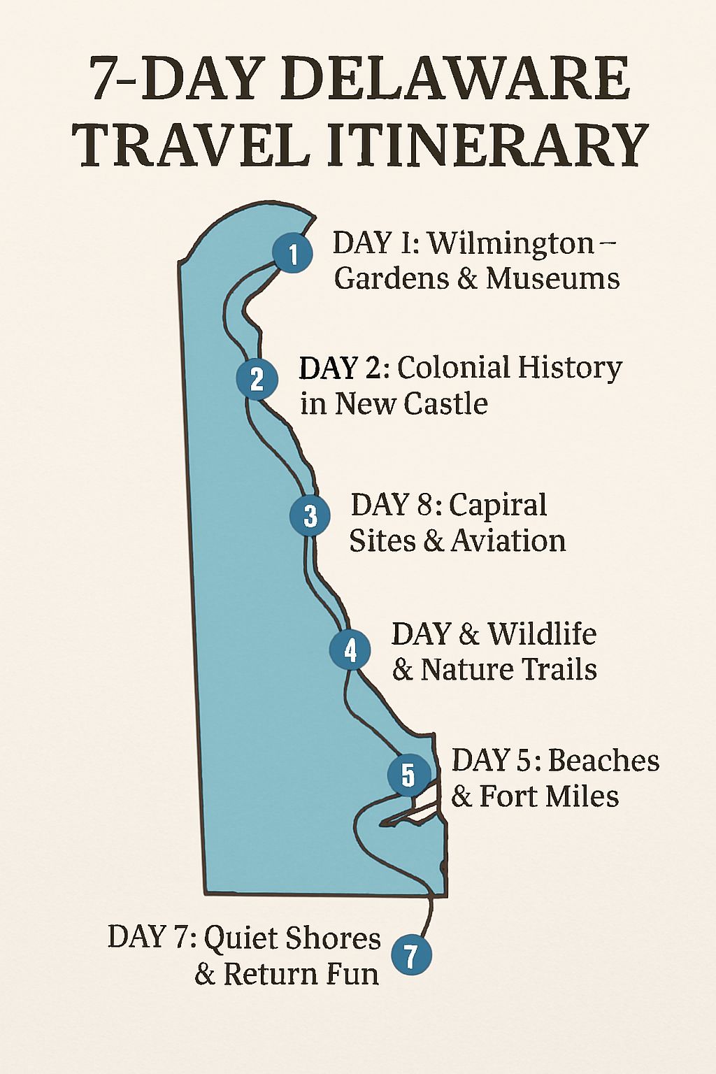 Explore Delaware in 7 days—beaches, history, wildlife & family fun. A perfect itinerary for road trips, weekend escapes & group travel.