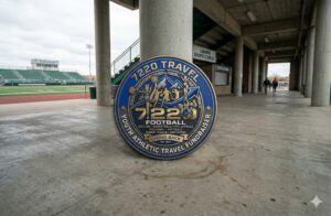 Ornate 7220 Travel Youth Athletic Travel Fundraiser emblem on stadium concrete, featuring diverse sports and Laramie Sports Complex signs.